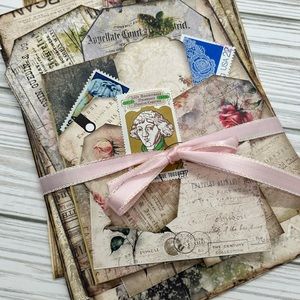 Junk Journal supplies 25pc lot of pages, cards, pockets and ephemera hand cut